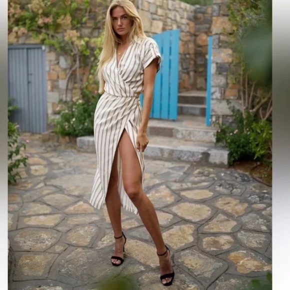 NWT Zara striped wrap midi dress in cream and tan with gold buttons size S - Picture 11 of 12